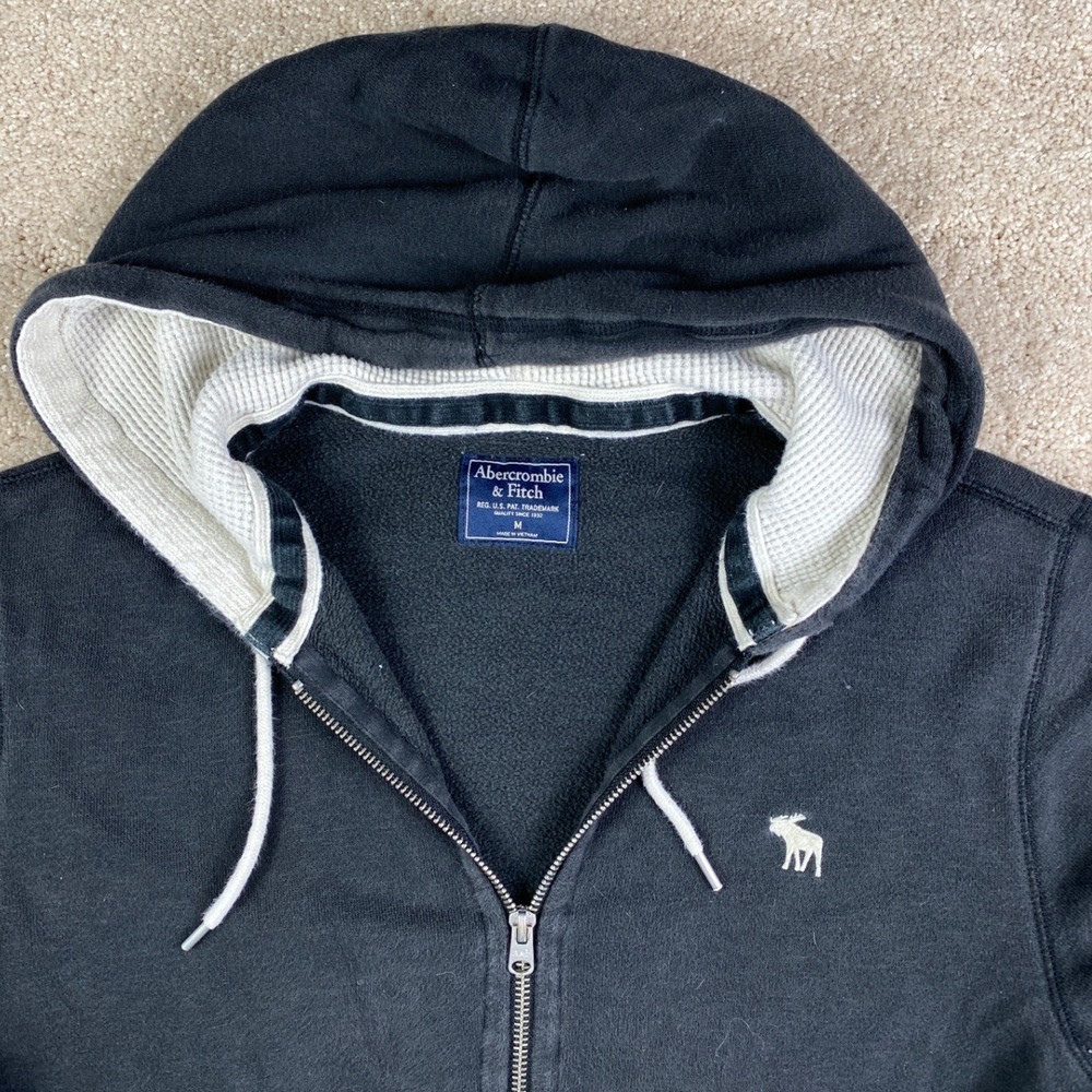 Abercrombie & Fitch Mens Full Zip Hoodie Black Waffle Lined Hood Moose Logo M
